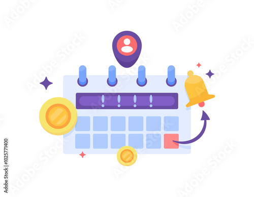 monthly or annual billing schedule concept. bill payment notification. information or reminder. illustration of a calendar with bells and coins. flat style design. elements