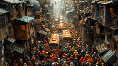 A Miniature Cityscape with Crowds and Buses