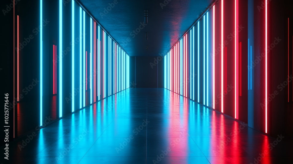 Neon lights illuminate a dark hallway. Neon lights illuminate a dark hallway.