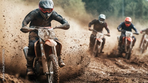 Motocross enthusiasts tackling dirt tracks, rocky paths, and muddy trails in off-road racing competitions. photo