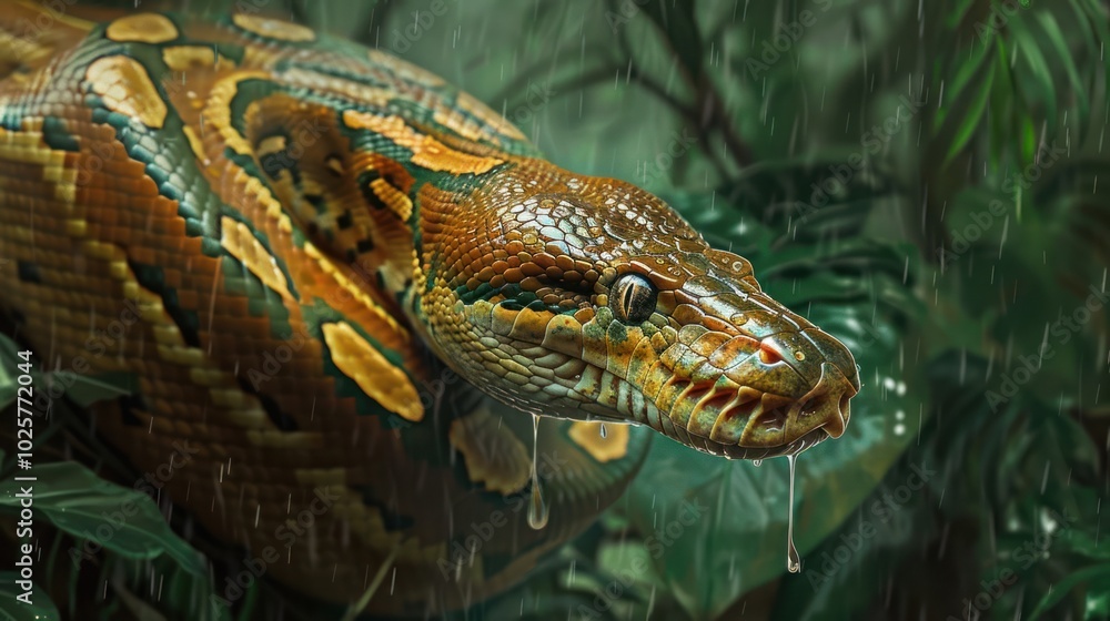 Fototapeta premium Close-up of a Burmese Python's Head in the Rain