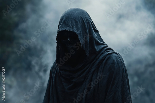 Man in hooded cloak stands in fog, silhouetted against eerie light.