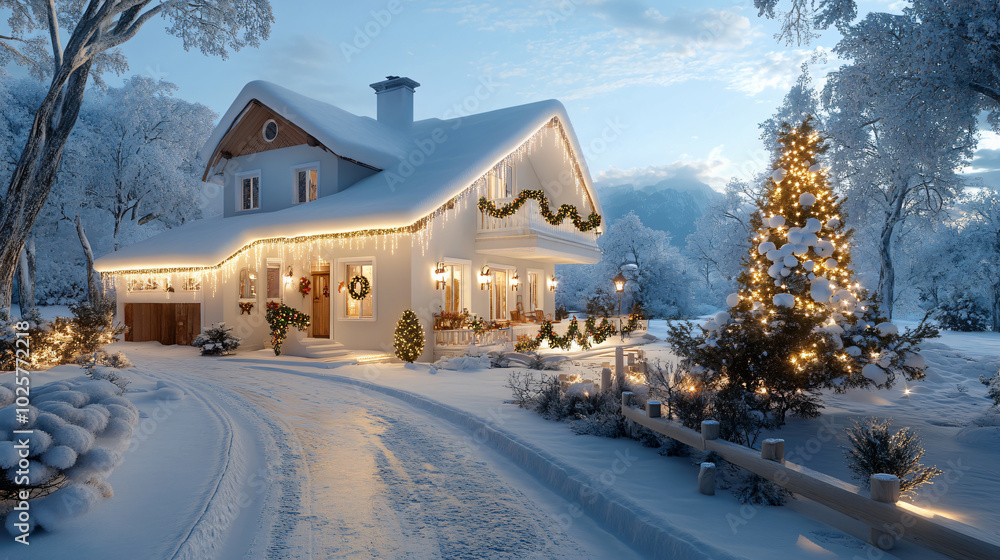 Fototapeta premium charming snow covered house adorned with glowing Christmas lights, surrounded by winter wonderland. festive decorations create warm and inviting atmosphere, perfect for holiday season