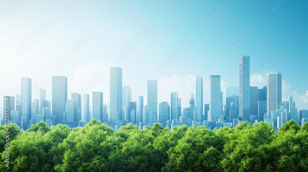 Urban jungle, skyscrapers surrounded by trees, 3D illustration Urban jungle, skyscrapers surrounded by trees, 3D illustration