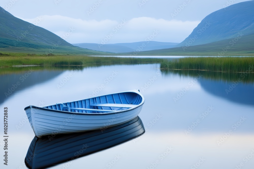 Fototapeta Serene lake scene with solitary boat in tranquil landscape