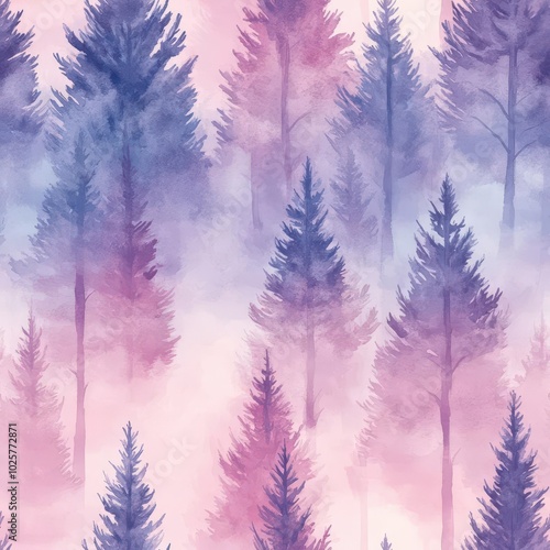 Watercolor trees with soft pastel gradients, hand-painted style, seamless forest pattern