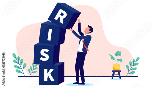 Business risk - Businessman person taking chances building high tower of briks spelling the work risk. Risky business and work concept in flat design vector stock illustration
