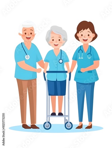 A cheerful illustration of two healthcare professionals supporting an elderly patient using a walker, symbolizing care and compassion in healthcare settings.