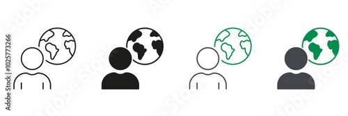 Globe and Person Line and Silhouette Icon Set. Global Business Concept. Worldwide Communication Pictogram. Partnership Sign. Editable Stroke. Isolated Vector Illustration