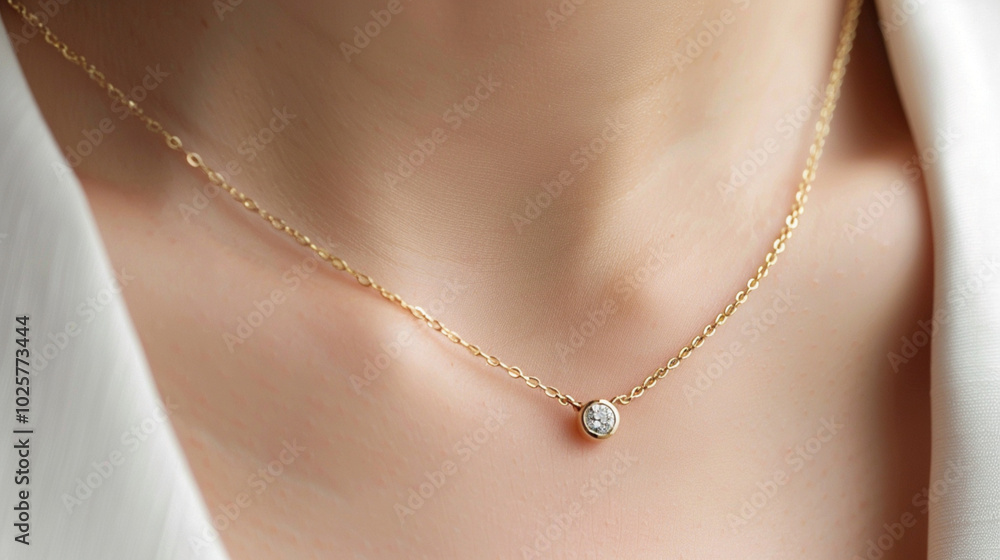 A lady wearing a minimalist gold necklace with a tiny round diamond A lady wearing a minimalist gold necklace with a tiny round diamond