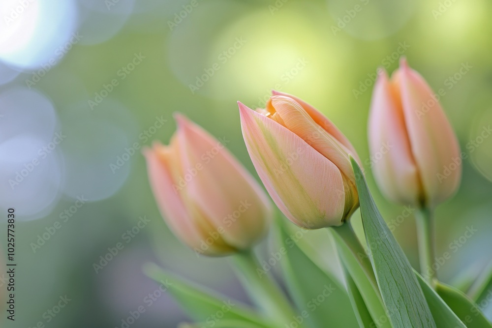 Fototapeta premium Close-Up of Peach Tulip Buds in Soft Focus. 