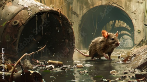 A Rat Navigates a Flooded, Debris-Filled Urban Environment photo