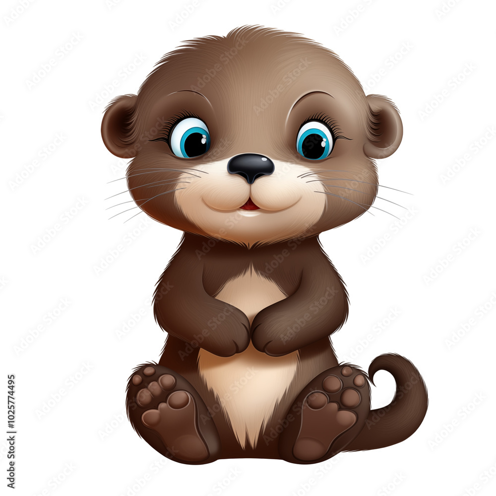 Fototapeta premium Cute Baby Otter Sitting With Big Blue Eyes And Fluffy Brown Fur