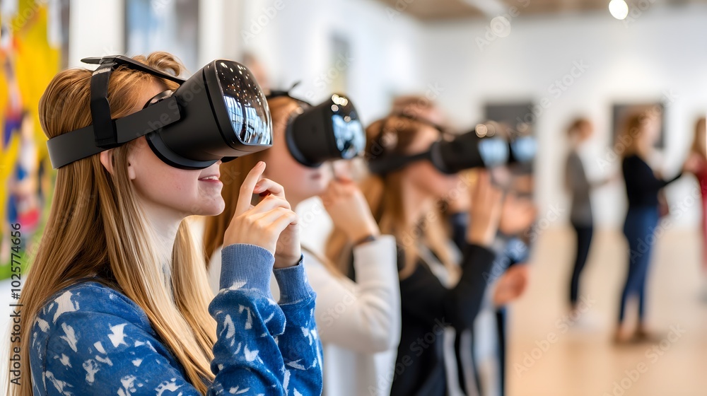 A group of people wearing virtual reality headsets in an art gallery, engaging with digital content in an immersive experience. A group of people wearing virtual reality headsets in an art gallery, engaging with digital content in an immersive experience.