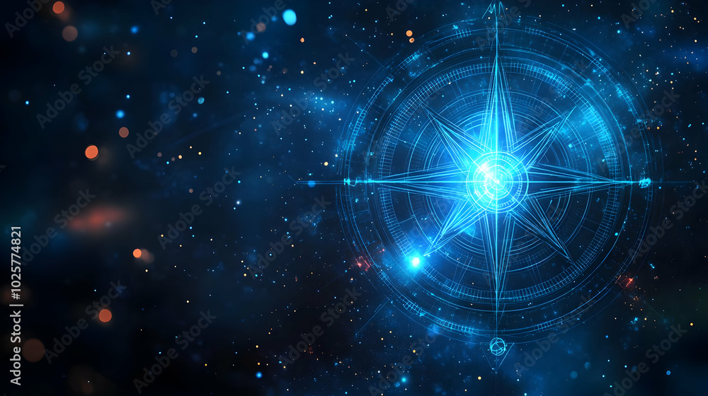 Fototapeta premium Blue Compass Glows with Energy on a Galaxy Background