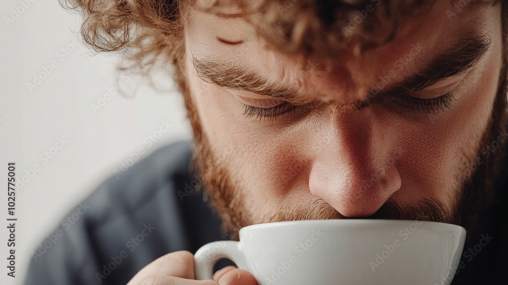 Barista bending over to cup coffee, closely examining aroma with focus, simple white background for emphasis. Barista bending over to cup coffee, closely examining aroma with focus, simple white background for emphasis.