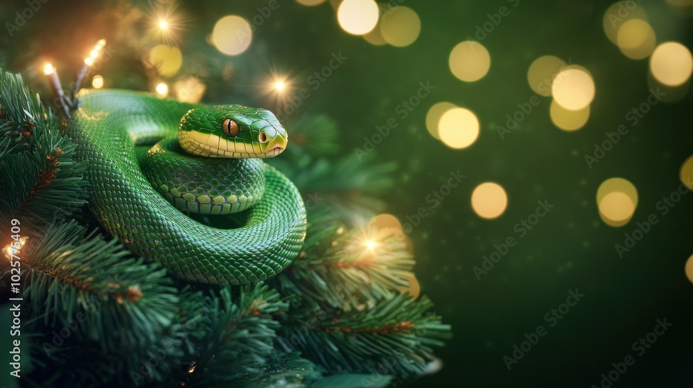 Fototapeta premium Green tree snake among Christmas branches, festive bokeh effects on green background