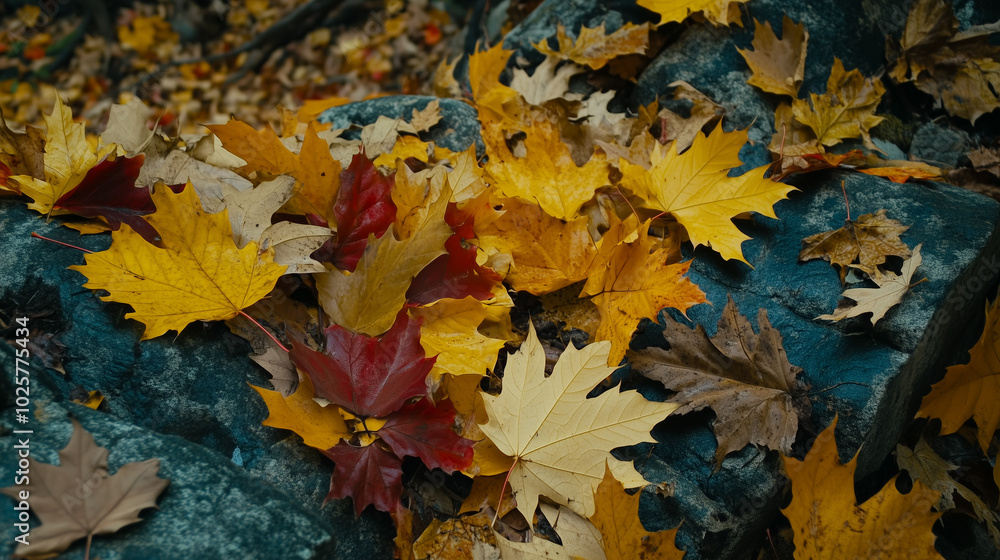 Colorful autumn leaves scattered on textured rocks in a natural setting Colorful autumn leaves scattered on textured rocks in a natural setting