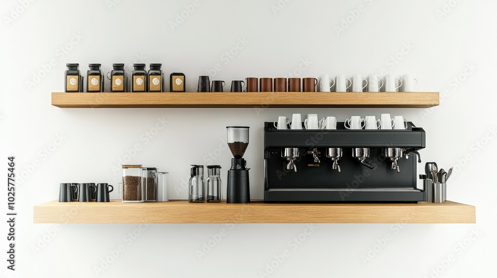 Naklejka premium Cafe setup with a small bar counter, coffee mugs, and an espresso machine, on a clean white background.