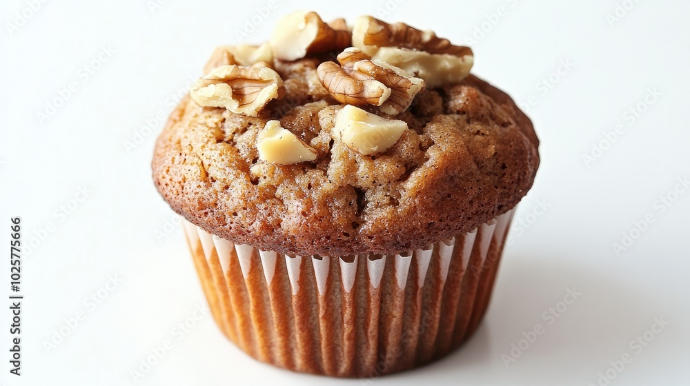 Classic banana nut muffin with chopped walnuts on top, placed on a clean white background, side angle shot. Classic banana nut muffin with chopped walnuts on top, placed on a clean white background, side angle shot.