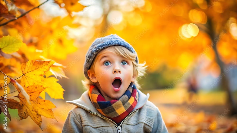 Child amazed by autumn leaves in a vibrant park setting Child amazed by autumn leaves in a vibrant park setting