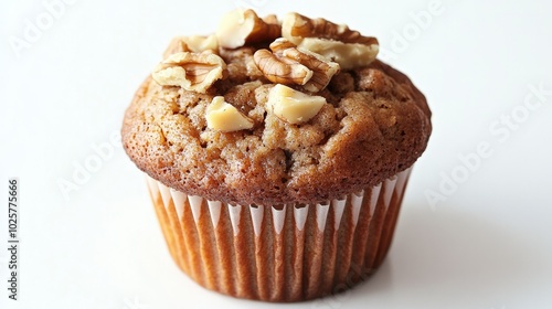 Classic banana nut muffin with chopped walnuts on top, placed on a clean white background, side angle shot.