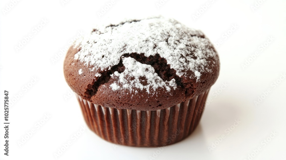 Close-up of a chocolate muffin with a cracked top and powdered sugar dusting, against a white background. Close-up of a chocolate muffin with a cracked top and powdered sugar dusting, against a white background.