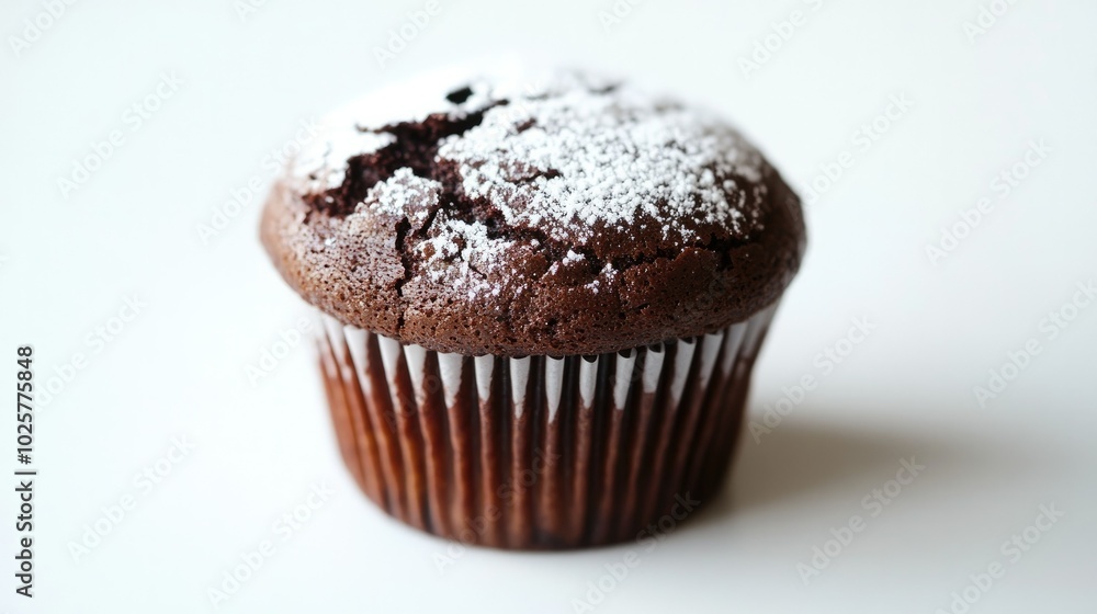 Close-up of a chocolate muffin with a cracked top and powdered sugar dusting, against a white background. Close-up of a chocolate muffin with a cracked top and powdered sugar dusting, against a white background.