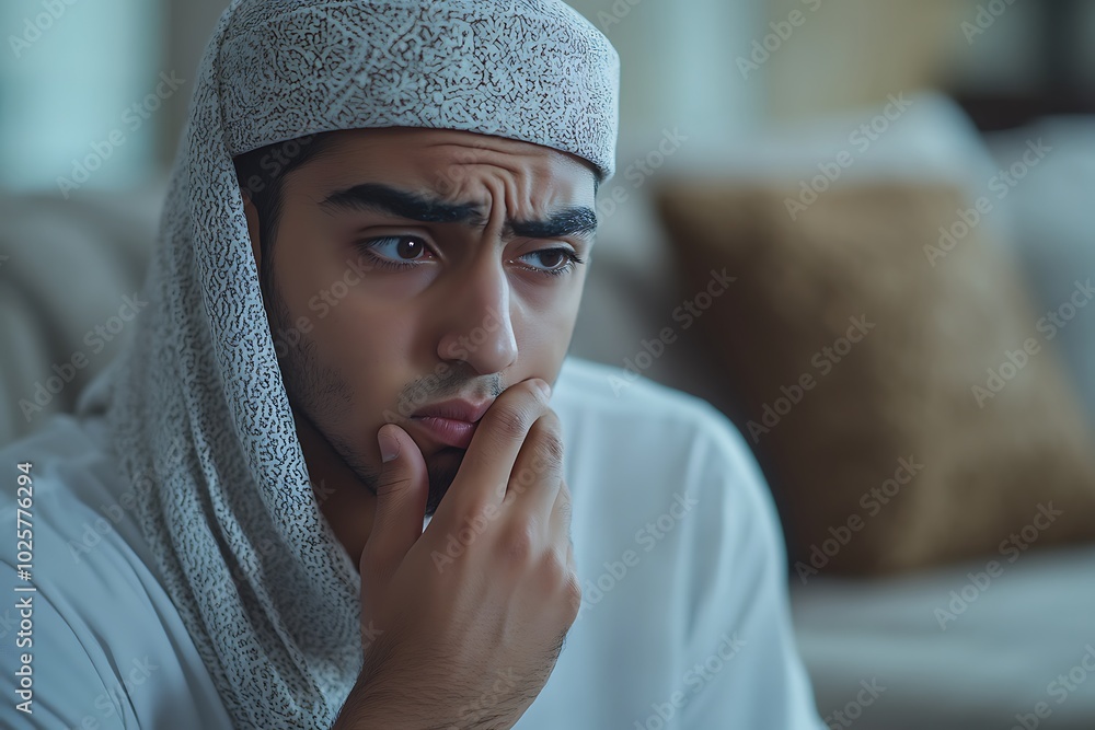 Muslim young man sitting on the sofa at home, holding his chest with his hand, feeling severe pain, coughing and covering his mouth with his hand Muslim young man sitting on the sofa at home, holding his chest with his hand, feeling severe pain, coughing and covering his mouth with his hand