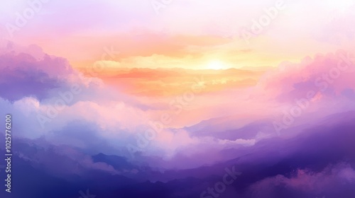 A serene landscape at sunset, featuring soft clouds and vibrant colors.