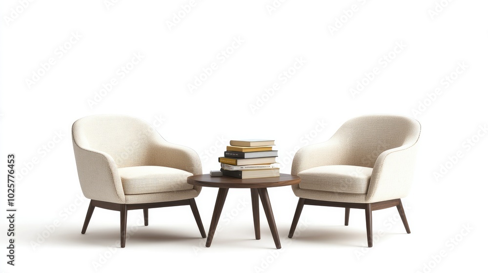 Obraz premium Cozy cafe setting with two chairs, a small round table, and a stack of books, isolated on a white backdrop.