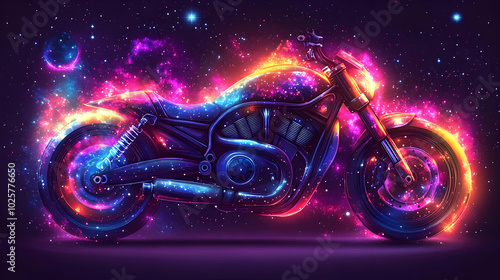 Cosmic Cruiser: A Motorcycle Journey Through a Vibrant Galaxy of Stars