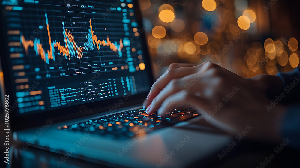 A person is typing on a laptop with a screen displaying a graph A person is typing on a laptop with a screen displaying a graph