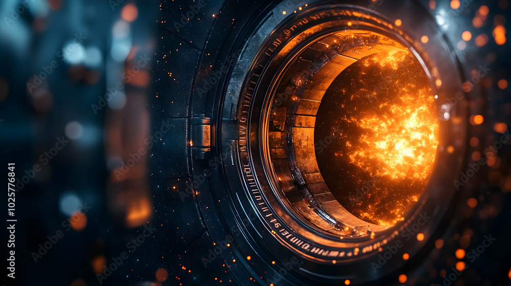 Spaceship Window Shows Fiery Nebula with Stars in Motion Background Spaceship Window Shows Fiery Nebula with Stars in Motion Background