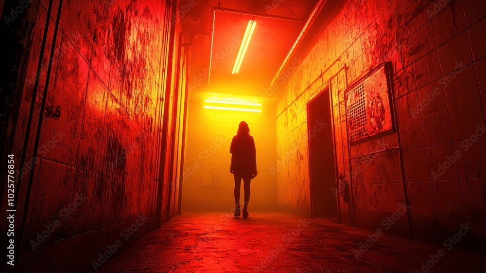 A mysterious figure walks down a dimly lit corridor bathed in eerie red light, creating a suspenseful and haunting atmosphere. A mysterious figure walks down a dimly lit corridor bathed in eerie red light, creating a suspenseful and haunting atmosphere.