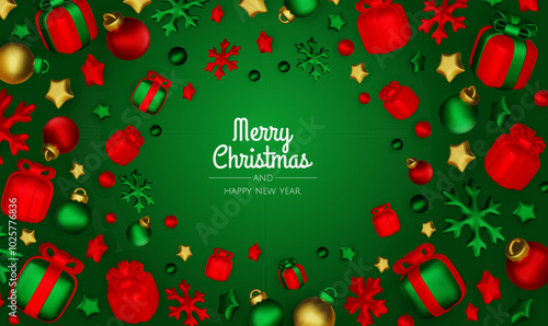 Christmas winter festive composition. Colorful Xmas background realistic 3d decorative design objects, christmas tree, gift boxes, xmas ball, gold confetti. Happy New Year. Vector illustration