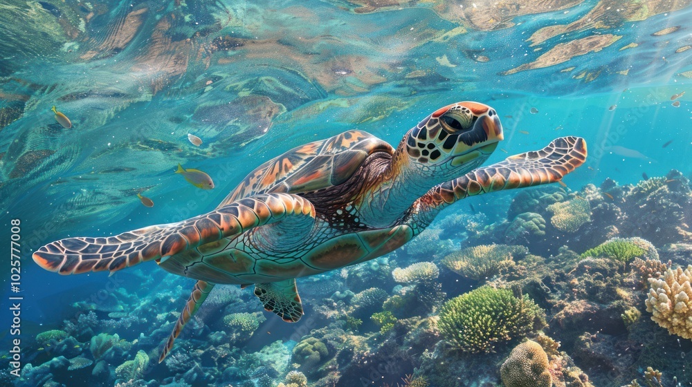 Fototapeta premium Sea Turtle Swimming Through Coral Reef in Sunlit Water