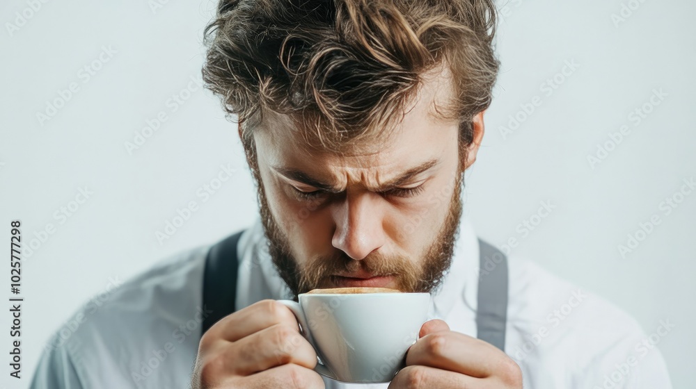 Intense coffee cupping with barista bent over, inhaling aroma deeply, plain white background for clarity.