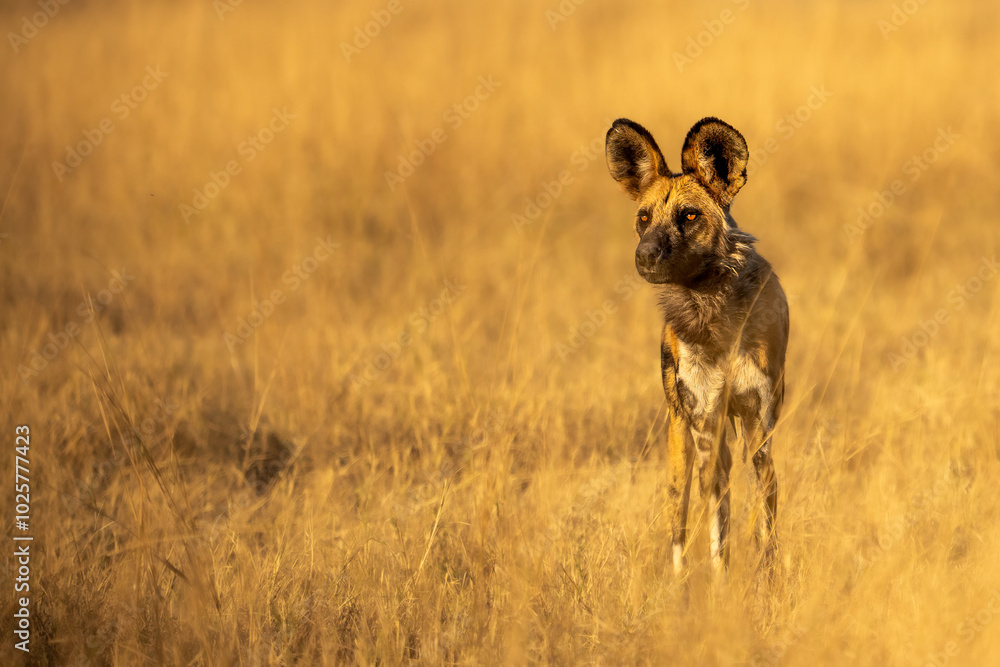 African Wild Dog, Lycaon pictus, african painted dog in the dry grass, Moremi game reserve, Botswana, Africa 