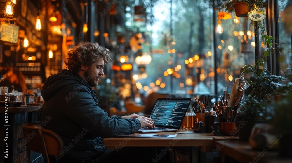 A developer working on cloud security code on a laptop at a coffee shop, illuminated by warm natural light, creating a casual and focused atmosphere.