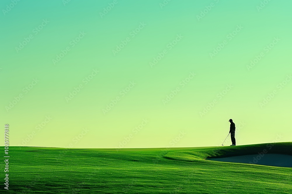Man on lush hill with scythe overlooking golf Man on lush hill with scythe overlooking golf