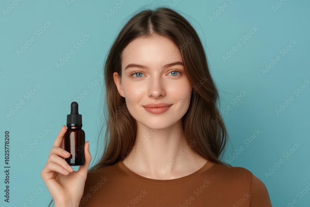 Beautiful woman showcasing organic skincare serum on turquoise background Beautiful woman showcasing organic skincare serum on turquoise background