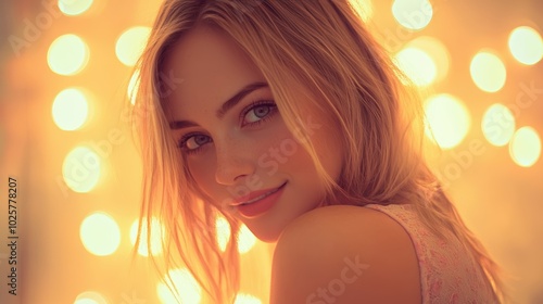 Dreamy portrait of young woman with warm bokeh lights