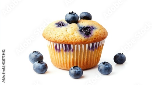 Single blueberry muffin with a golden crust and scattered berries, isolated on a clean white background.