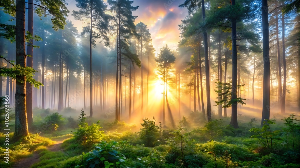 Enchanting sunrise illuminating a misty forest landscape Enchanting sunrise illuminating a misty forest landscape