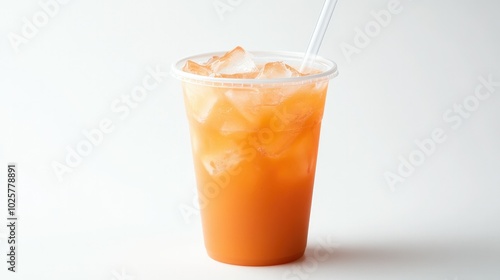 Wallpaper Mural Thai milk tea in a plastic takeaway cup with ice and a clear straw, isolated on a white background, refreshing appearance. Torontodigital.ca