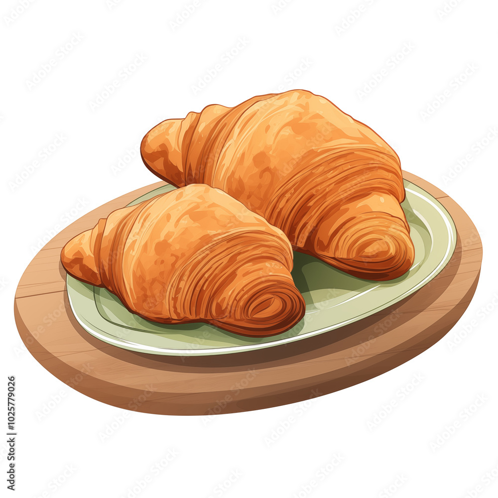 Fototapeta premium Two Fresh Croissants On A Wooden Plate For Breakfast