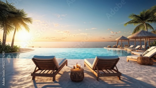 Serene beachside view with lounge chairs and a pool at sunset.