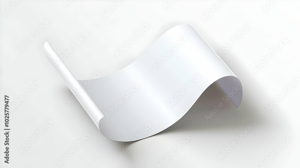 Blank White Paper Rolls Out Smoothly on White Background Blank White Paper Rolls Out Smoothly on White Background