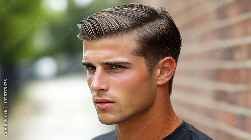 Young Man with Stylish Haircut Against Brick Wall Young Man with Stylish Haircut Against Brick Wall